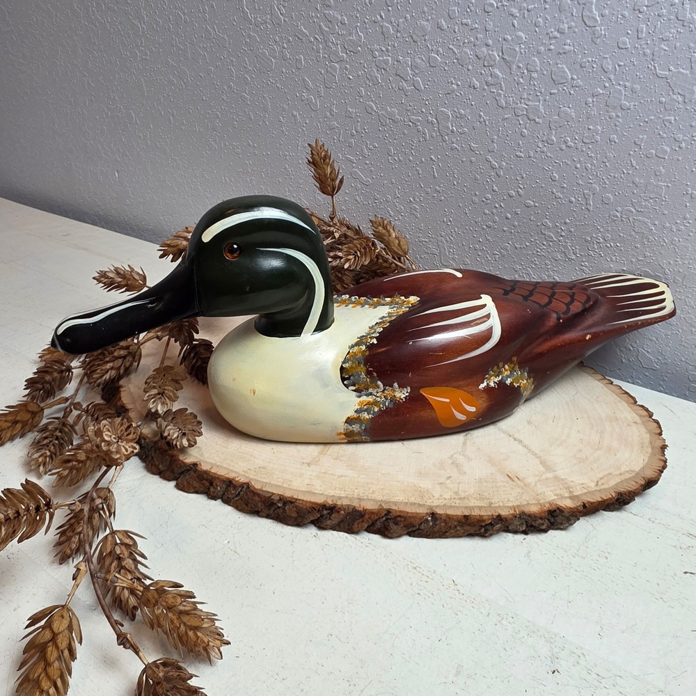 Vintage Hand Painted Wooden Northern Shoveler Duck Figurine Brown Green Rustic